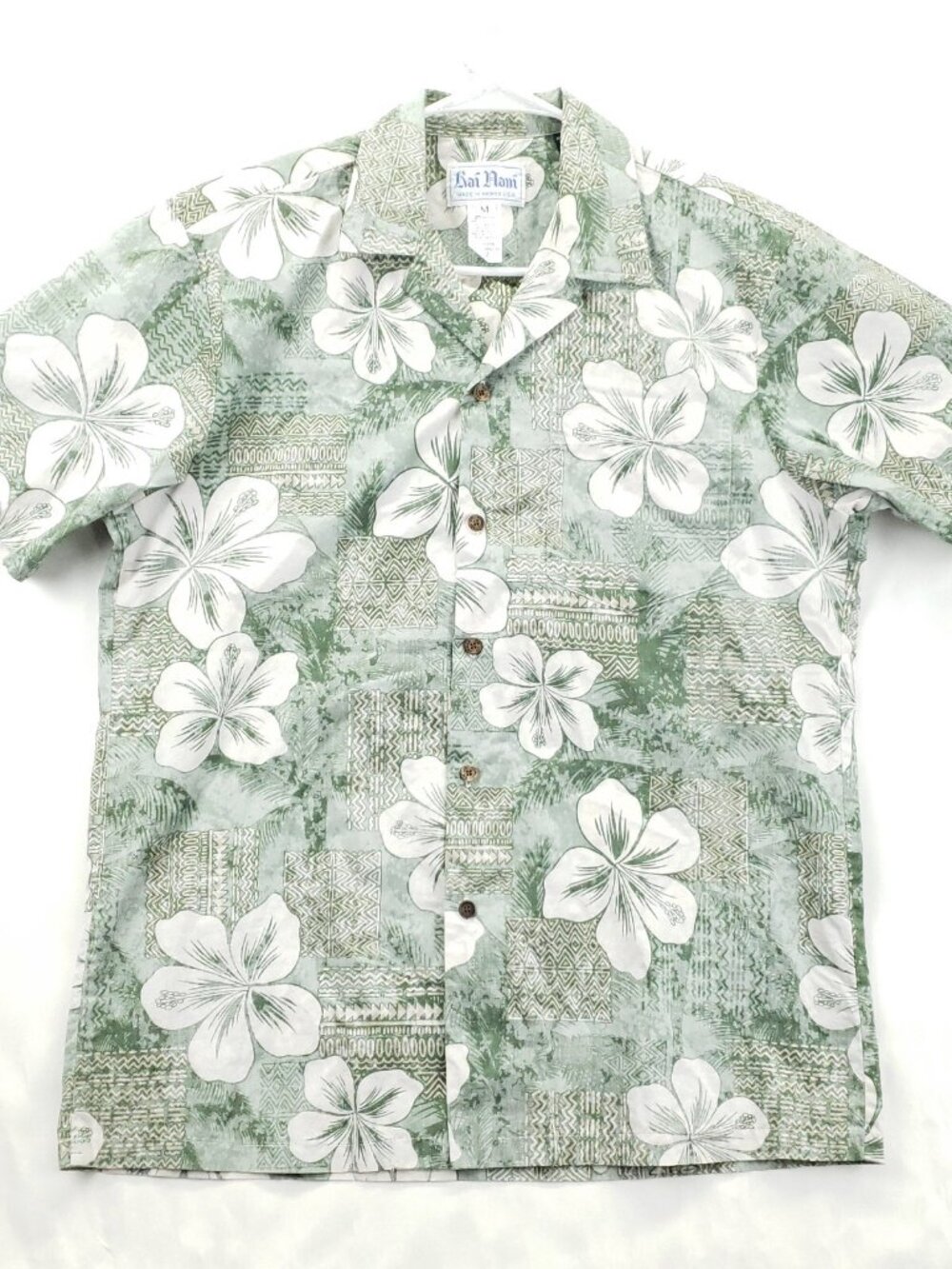 Vintage Kai Nani Shirt Mens Medium Green White Hawaiian USA Made Camp Button-Up
